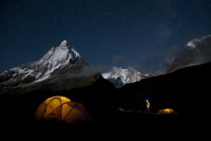 One last look before bed. Renan Ozturk checking out the stars above basecamp the night before the approach to the base of the route.