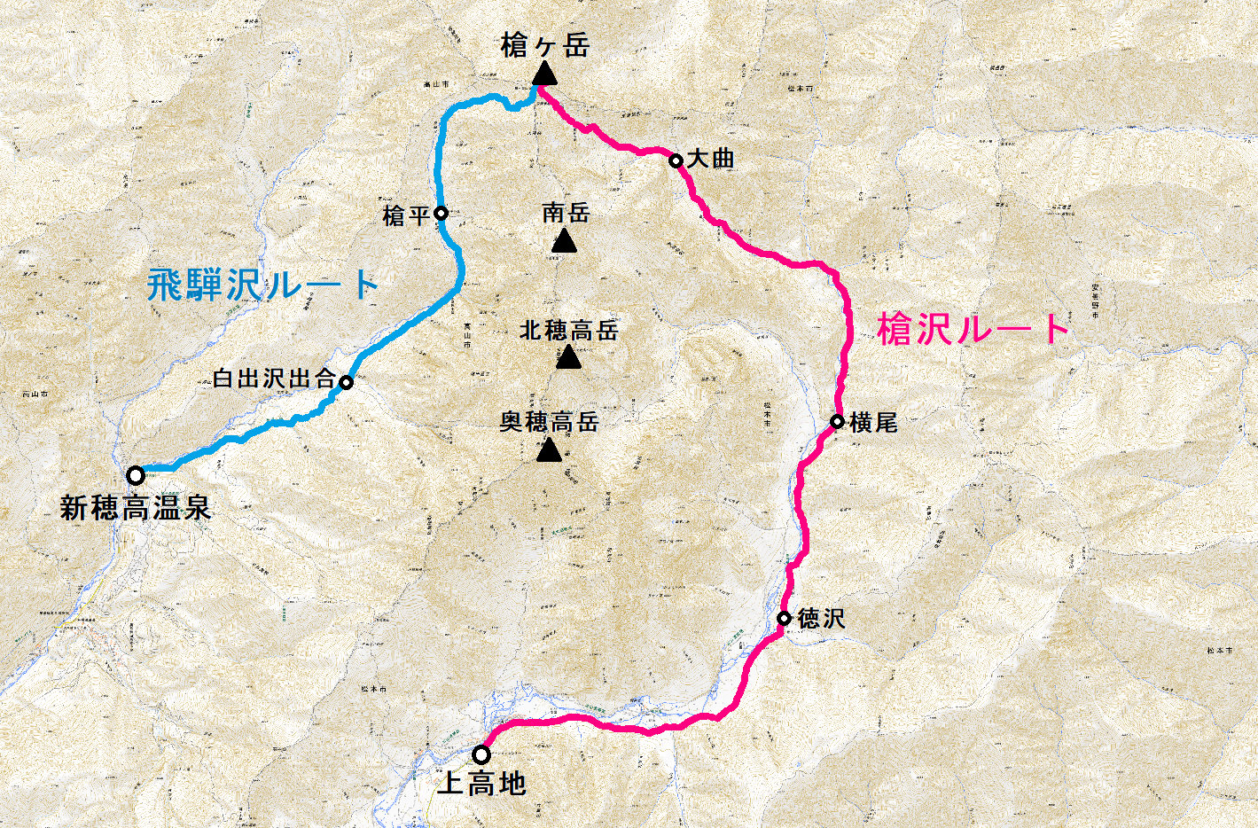 "槍沢ルート・飛騨沢ルート"