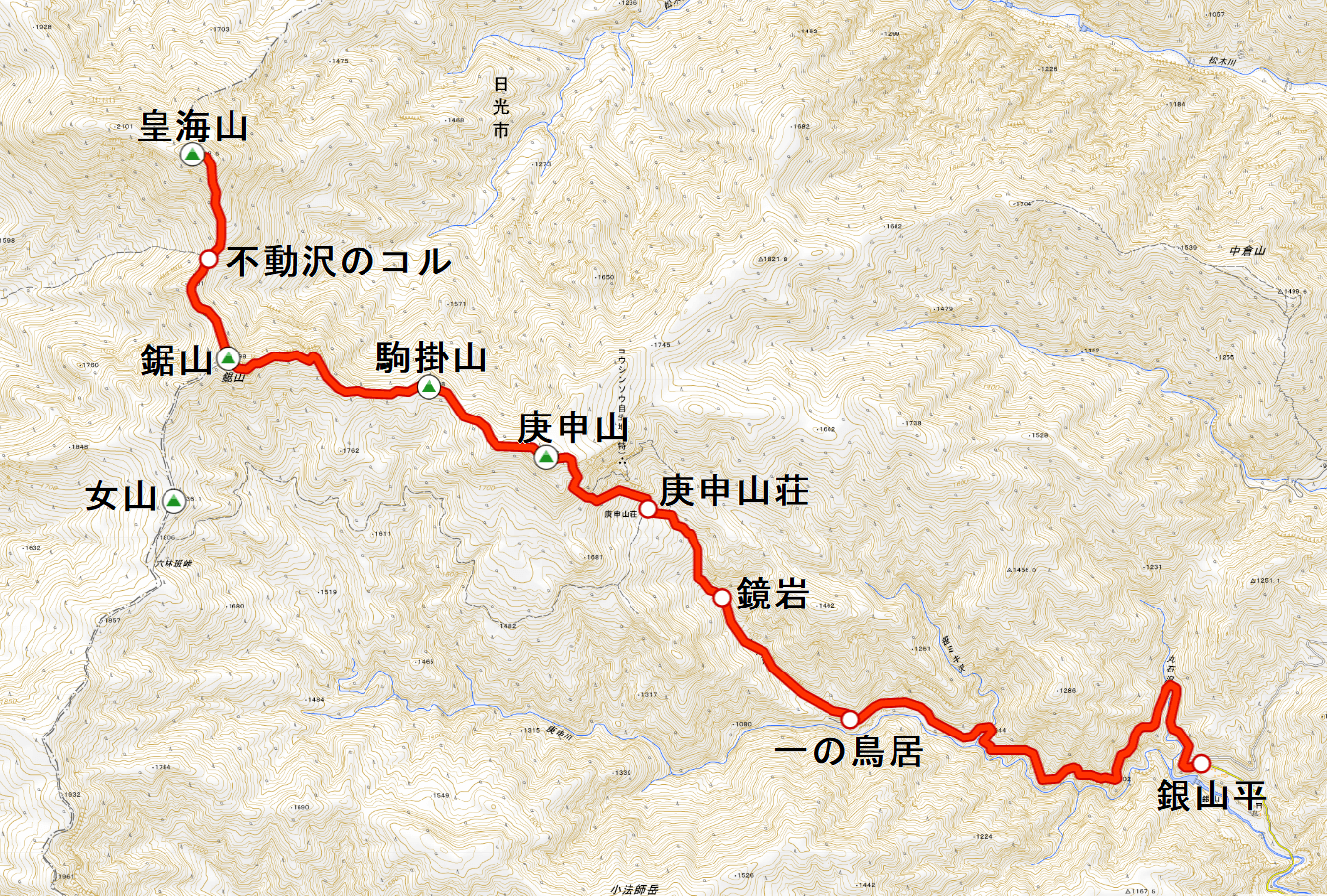 "皇海山登山地図(庚申山〜鋸山〜皇海山)"