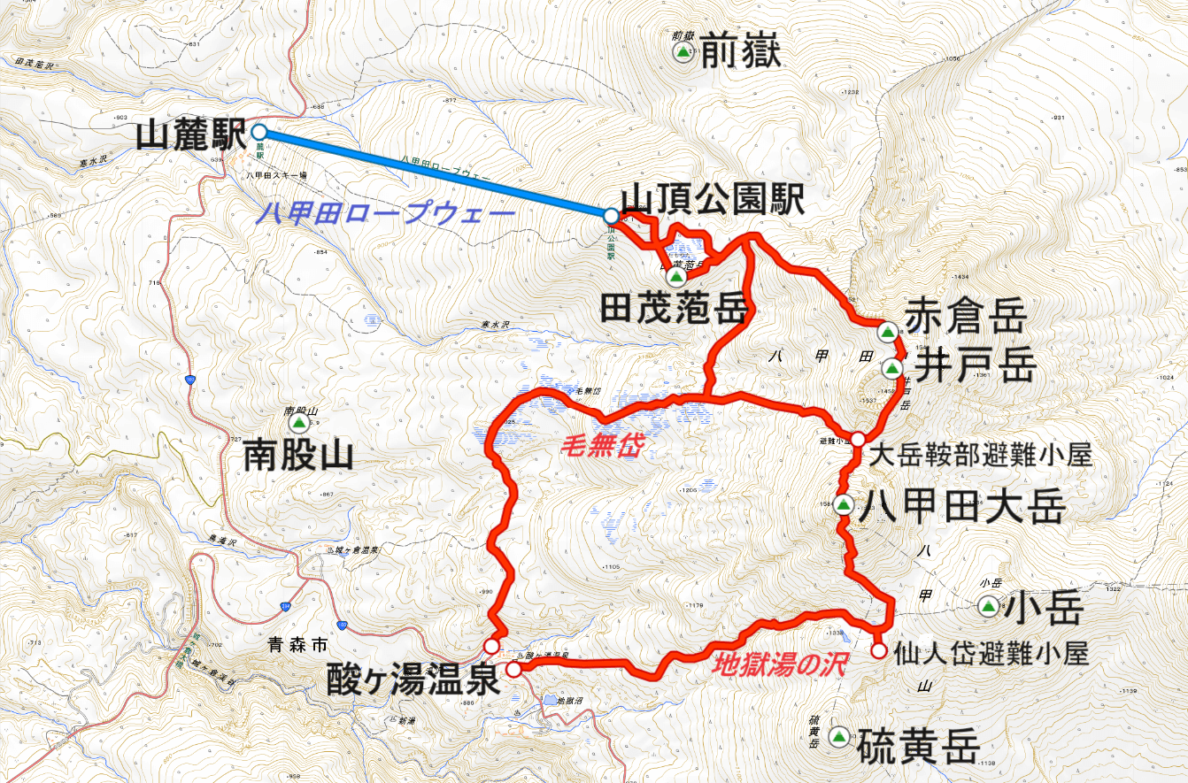"登山道概要(酸ヶ湯温泉〜八甲田大岳〜八甲田ロープウェー山頂公園駅)"