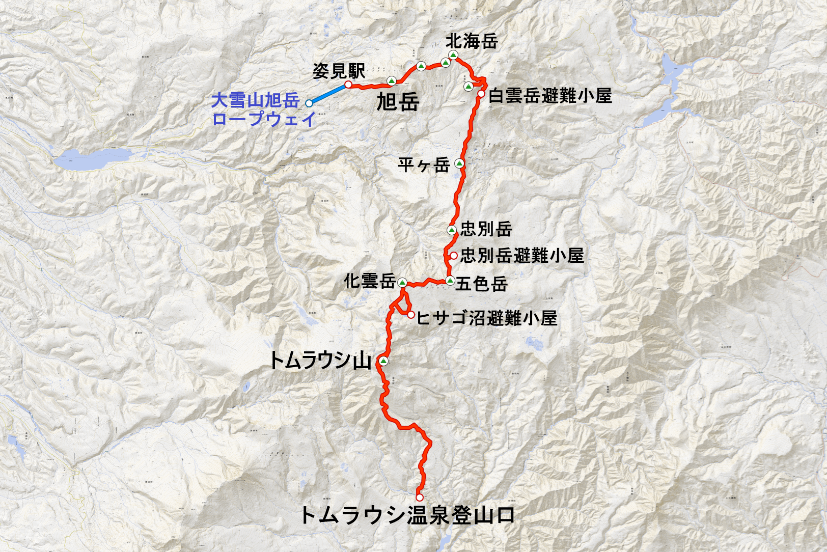 "登山道概要(姿見駅〜旭岳〜トムラウシ山〜トムラウシ温泉)"